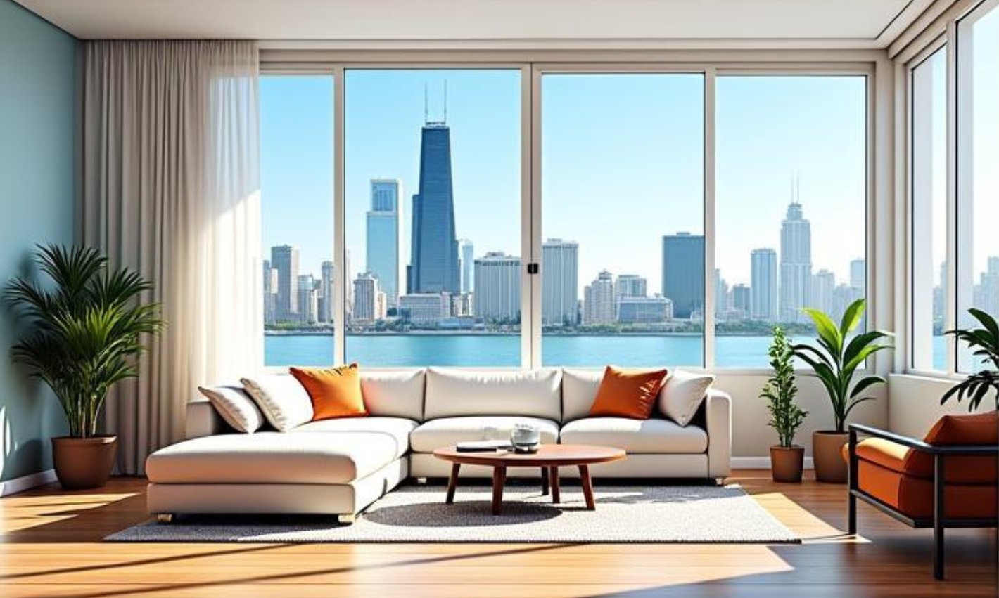 Bright Chicago apartment with skyline view after AptShine cleaning service